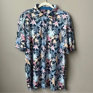 Izod Golf Polo Men's Large Tropical Parrots Birds Flowers Blue Vacation Resort